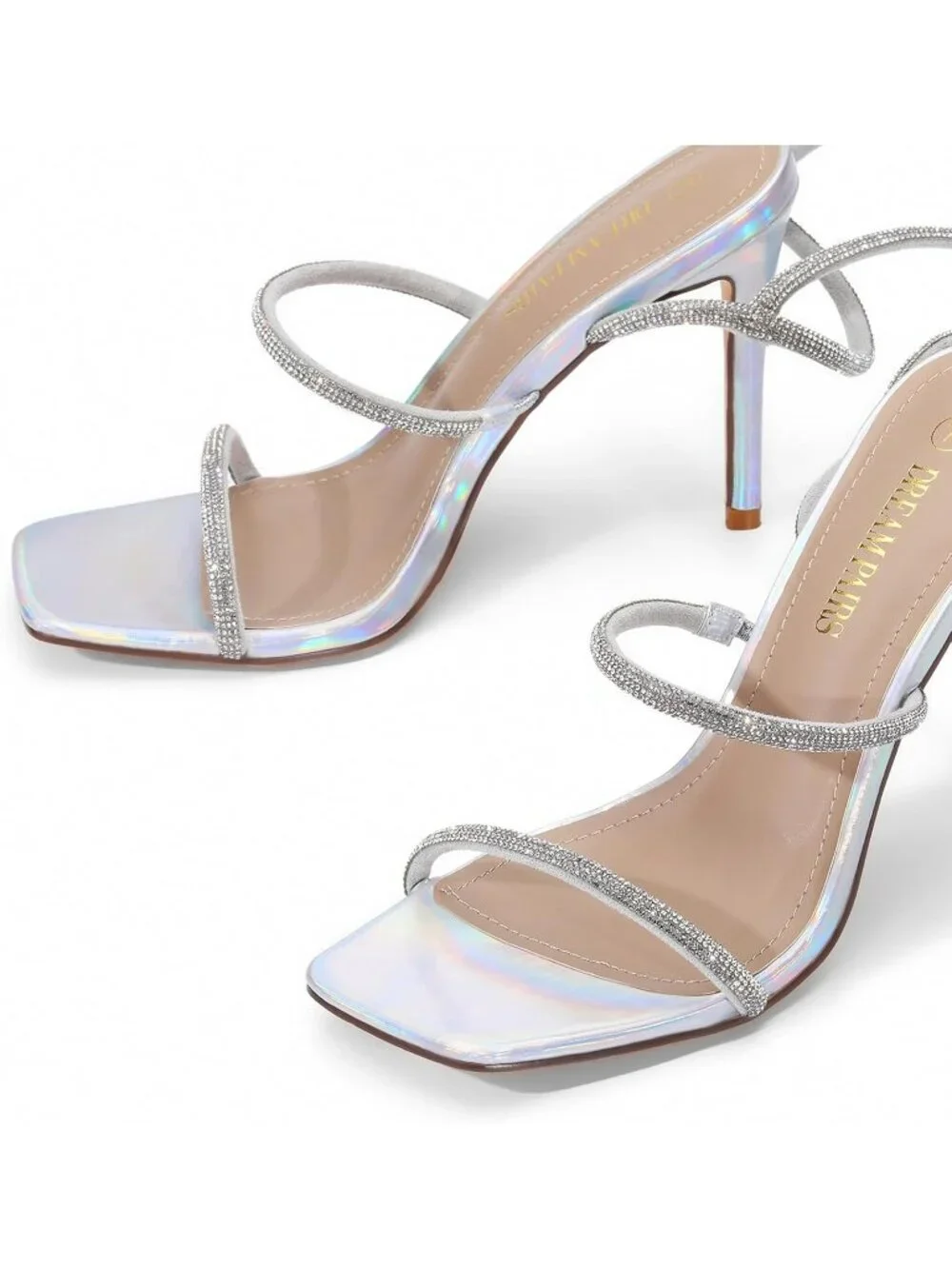 Women's Silver Strappy Stilettos Gladiator Sexy Square Toe Open Toe Pump Sandals